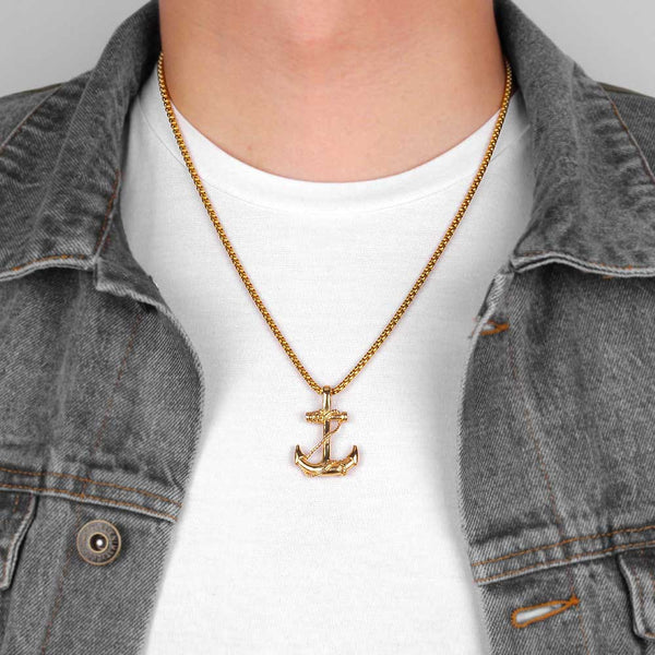 Man wearing a Gold Anchor Pendant Necklace