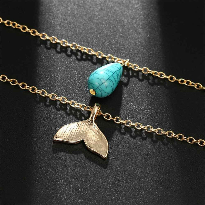 Double gold chain necklace with Turquoise Charm and Mermaid tail Pendant