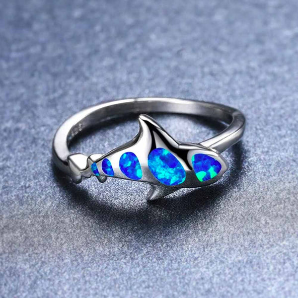 Blue Opal Shark Ring - on blue background