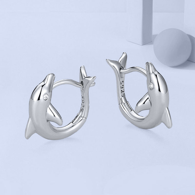 Side view of a pair of Dolphin Hoop Earrings