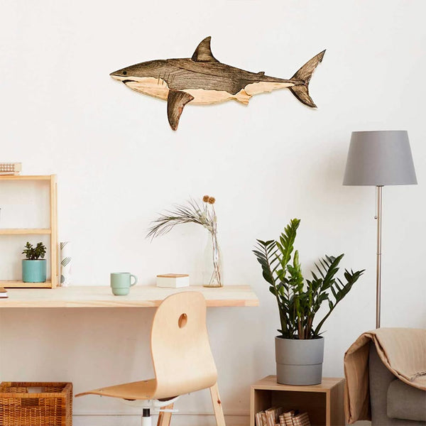Rustic Wood Shark Wall Hanging on White wall