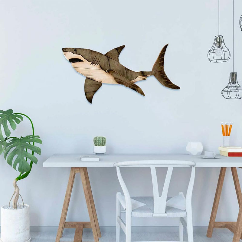 Wooden Shark Wall Decor Hanging on Blue Wall