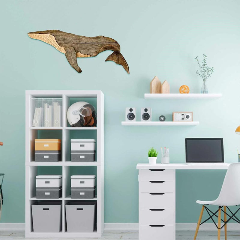 Wooden Whale Wall Decor Hanging on Green Wall