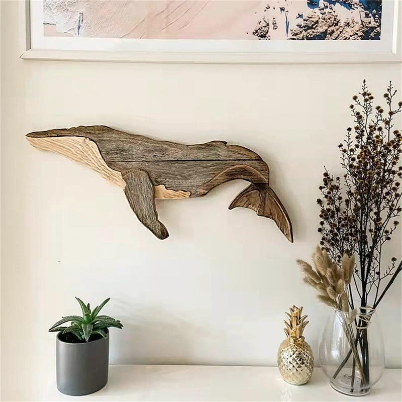 Wooden Whale Wall Decor Hangin on Cream Wall
