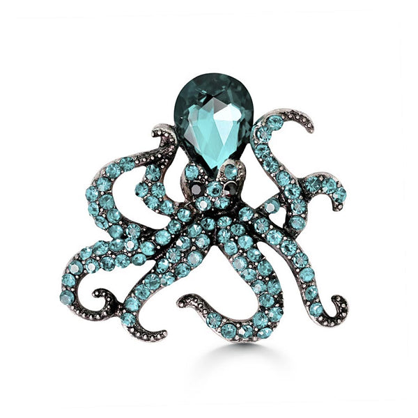 Aqua Blue Rhinestone Octopus Brooch