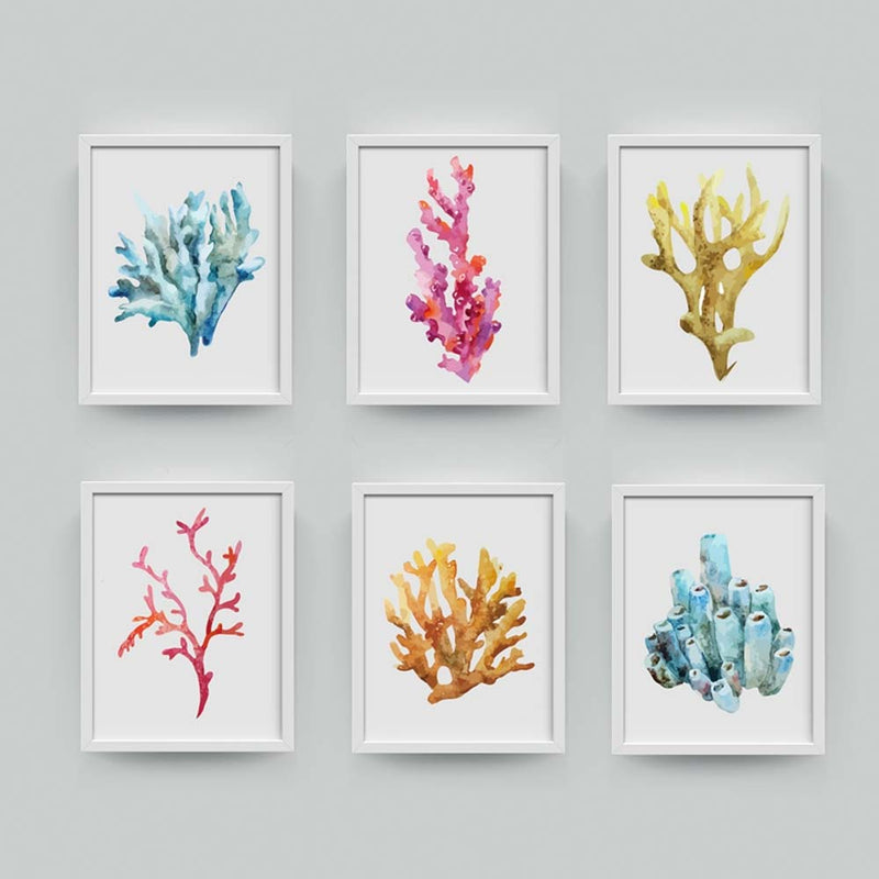 Six Framed Watercolor Coral Canvas Prints 