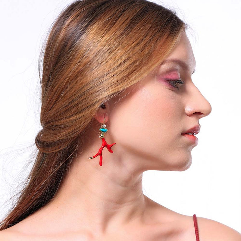 Side view of woman wearing Red Coral Drop Earrings 