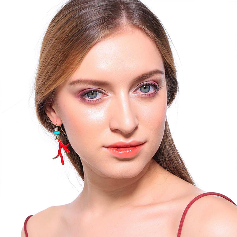 Asymmetrical Red Coral Earring with Turquoise 