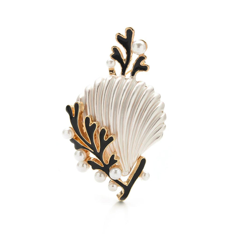 White Shell & Black Coral Brooch