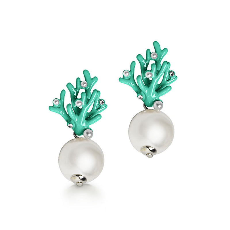 Green Enamel Coral Earrings with Pearls