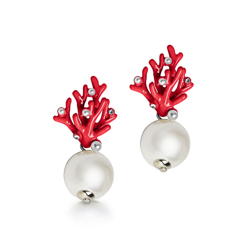 Pearl Coral Earrings with Red Enamel