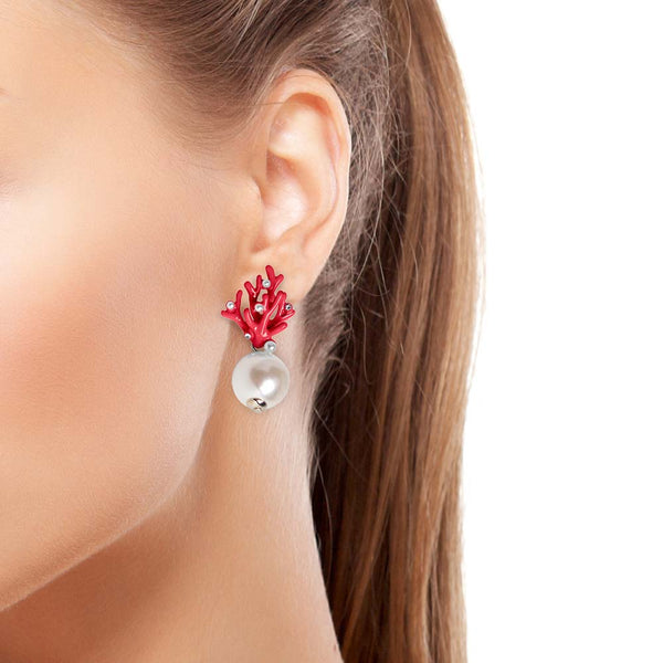 Woman wearing Red Coral and Pearl Earring