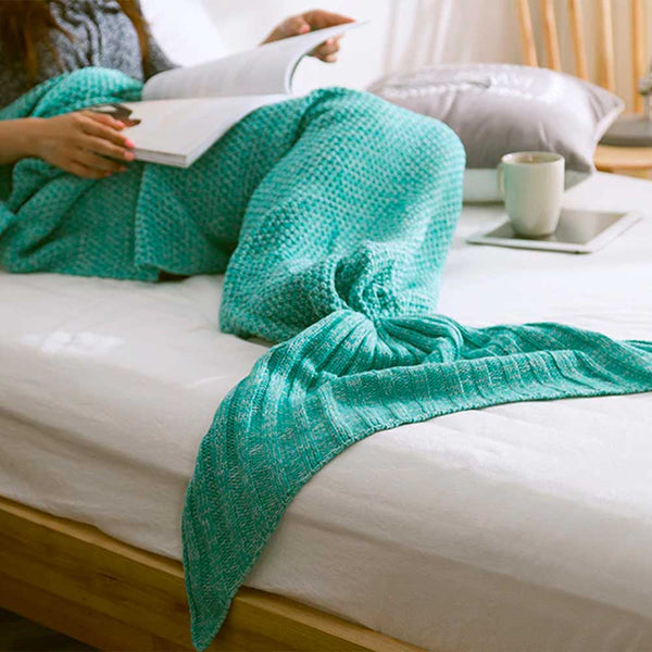 Lying in bed with a Green Crochet Mermaid Tail Blanket