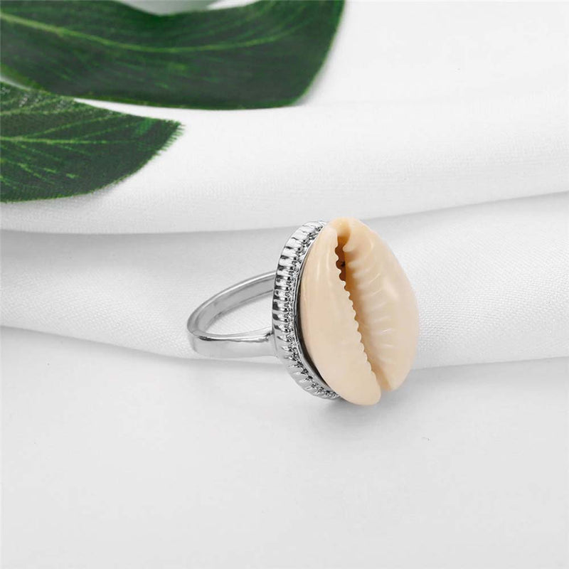 Natural Cowrie Ring in Silver with palm leaf 