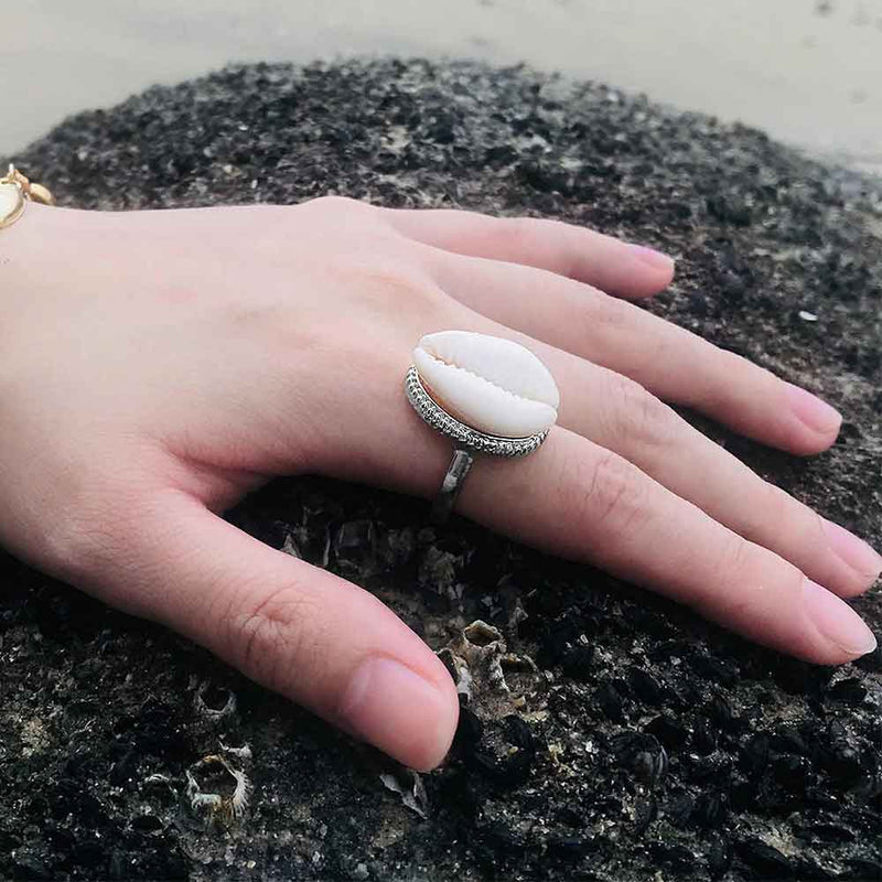 Model wearing Cowrie Shell Cocktail Ring