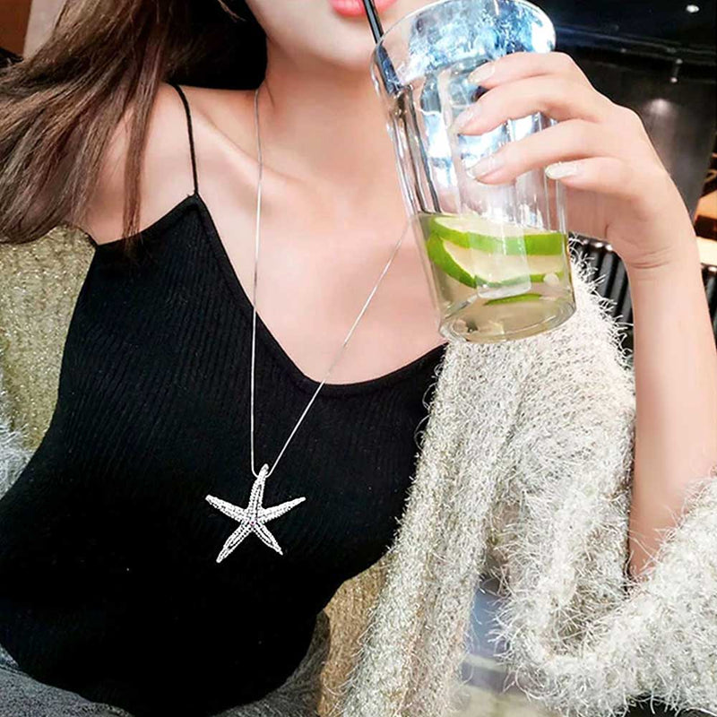 Model wearing a Long Crystal Starfish Necklace