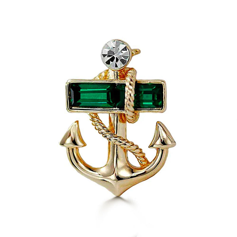 Gold Anchor Brooch with Emerald Crystal