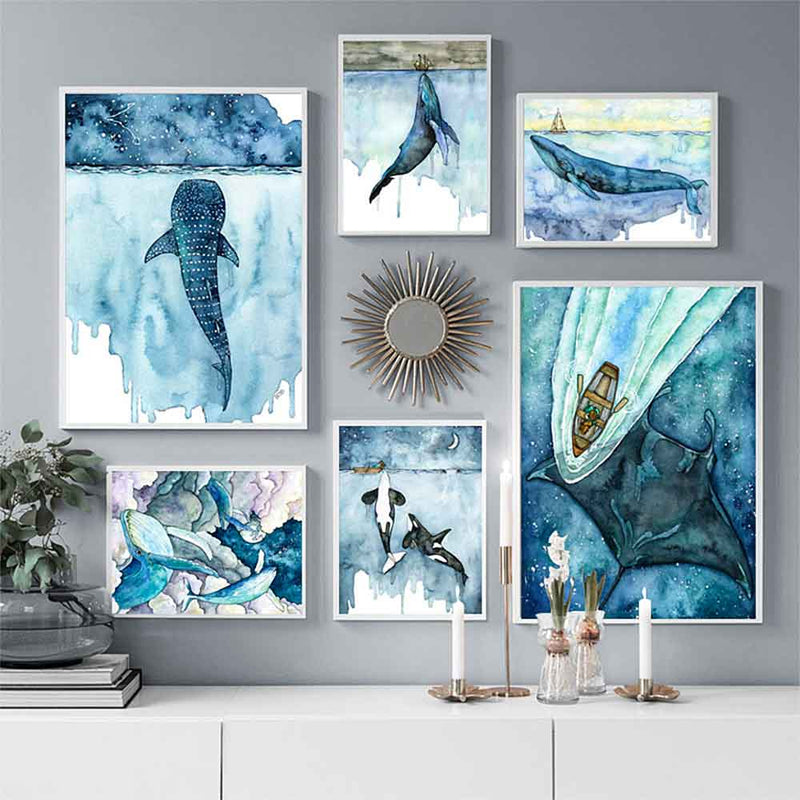 Fantasy Whale Prints Collection on gray wall