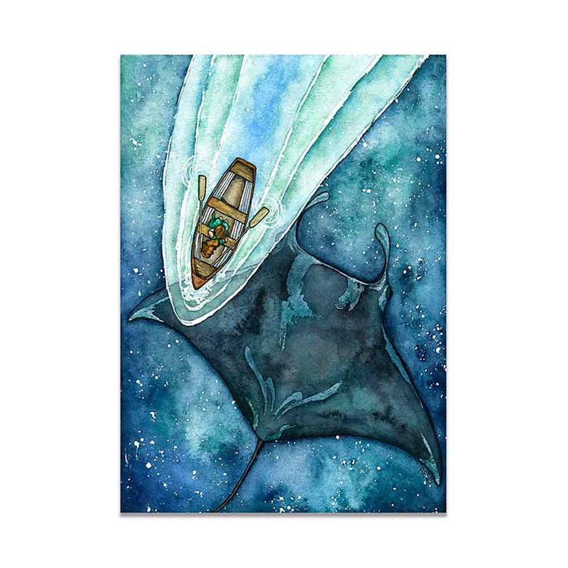 Canvas print of an Oceanic Manta Ray swimming below a boat