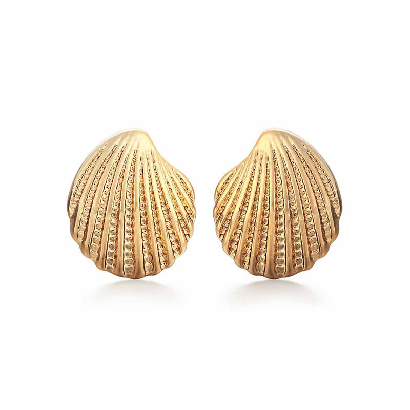 Pair of Gold Clam Stud Earrings on white background