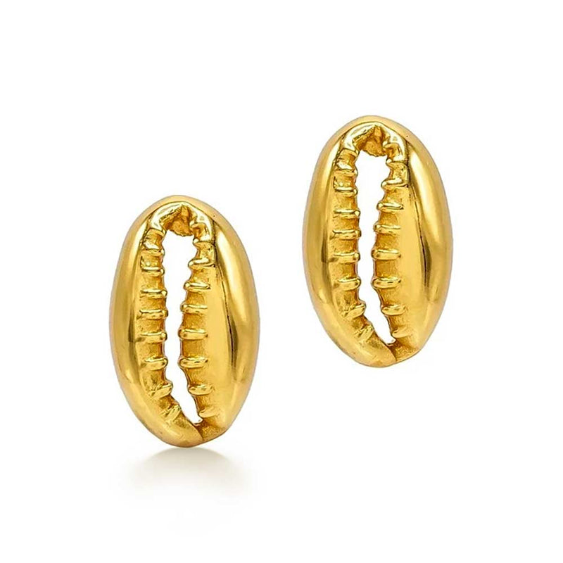 Pair of Gold Cowrie Shell Stud Earrings on white background