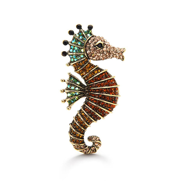 Brown Seahorse Brooch with crystal Rhinestones