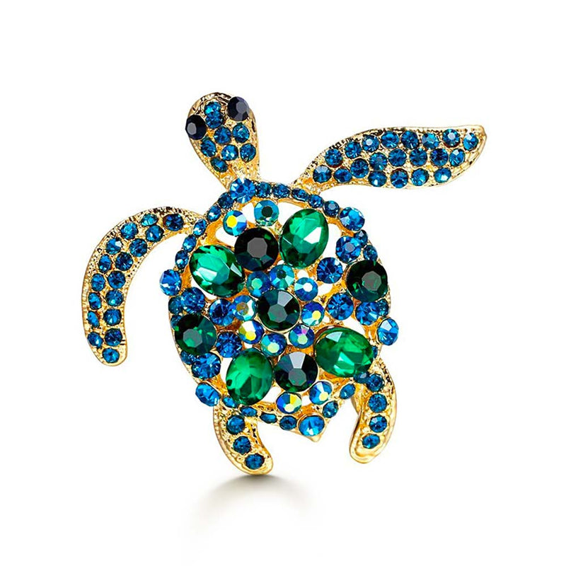Blue & Green Rhinestone Turtle Brooch