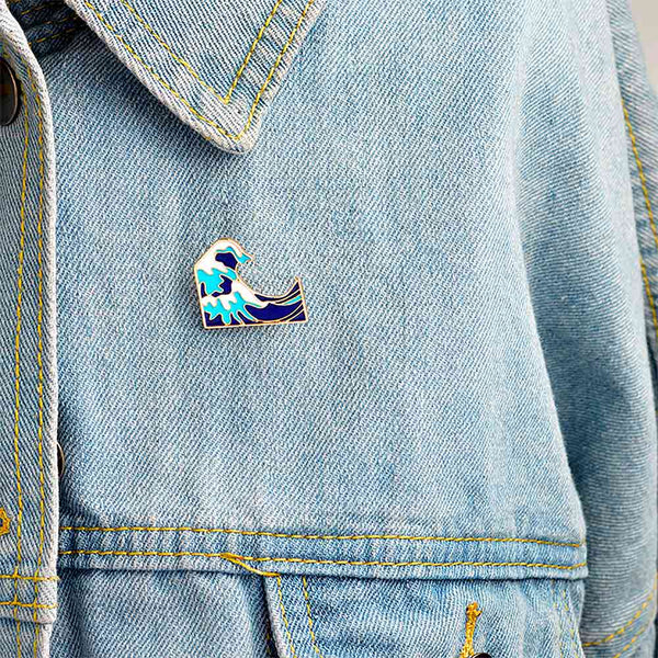 Japanese Wave Pin on Denim Jacket 