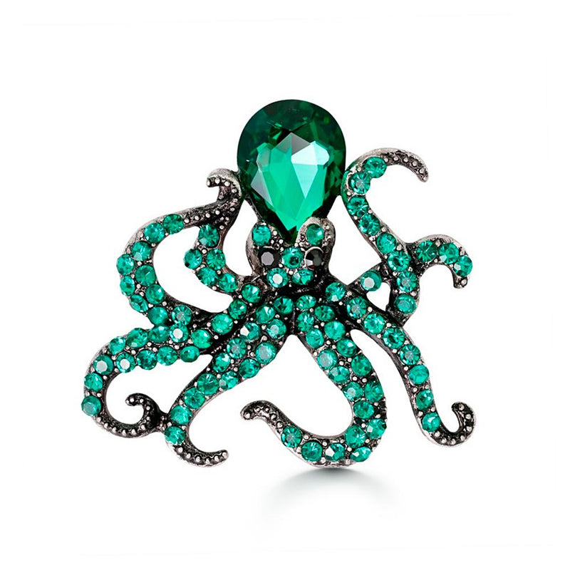 Green Rhinestone Octopus Brooch