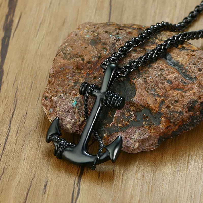 Anchor necklace for men, men's anchor necklace with a black wax
