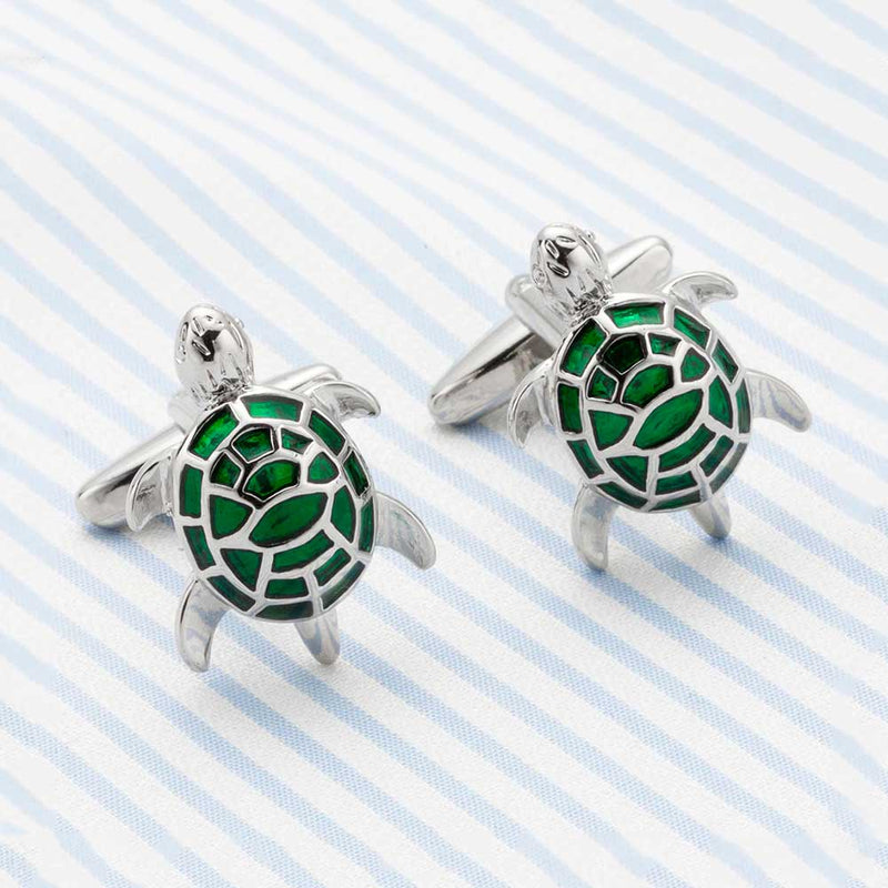 Cute Green and Silver Turtle Cufflinks 