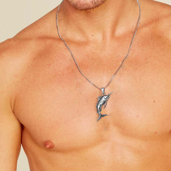Man wearing a Silver Swordfish Necklace 
