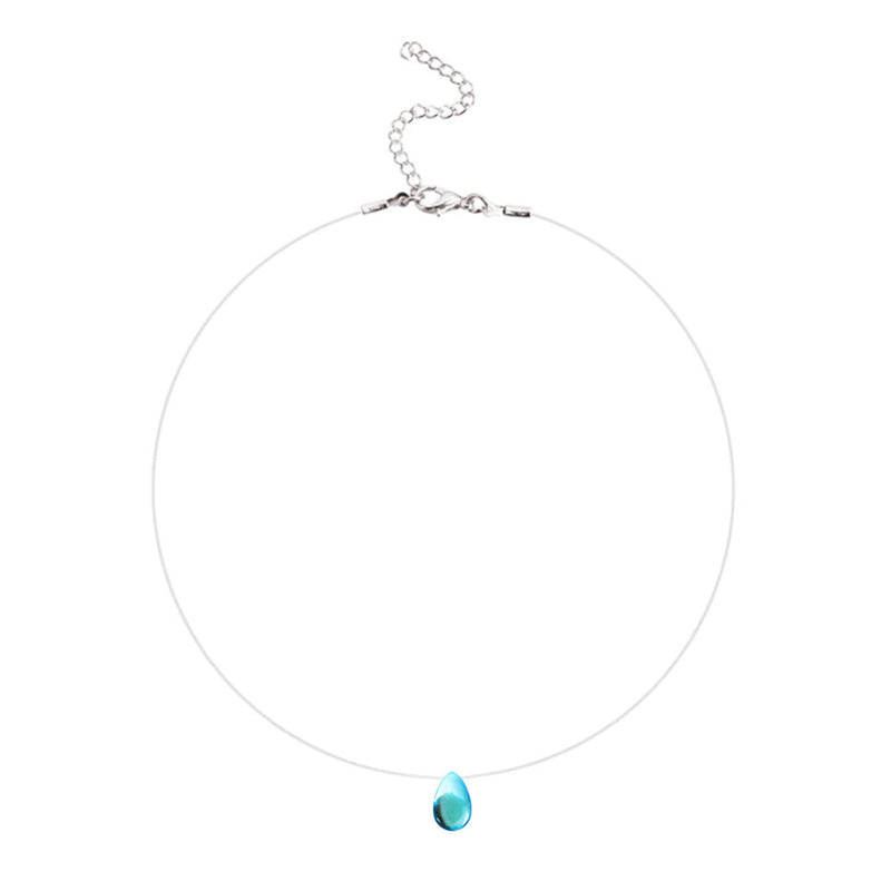 Blue tear shaped pendant and fishing line necklace