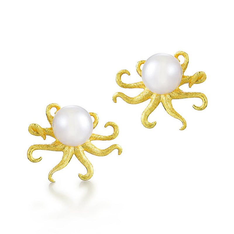 Solid Stainless Steel Octopus Stud Earrings With Swarovski Crystal - Vintage Silver