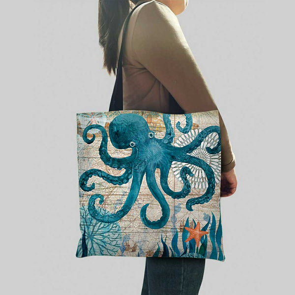 Woman with a Octopus Tote Bag over shoulder