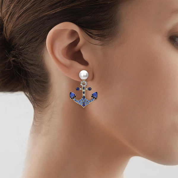 Woman profile wearing blue crystal Anchor Earring