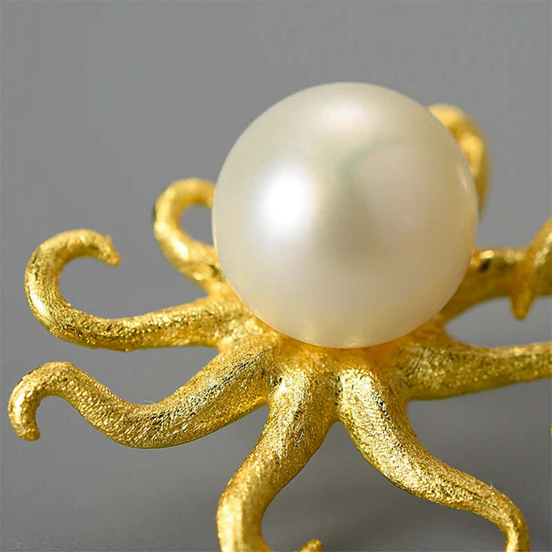 Detail of a Pearl Octopus Stud Earring