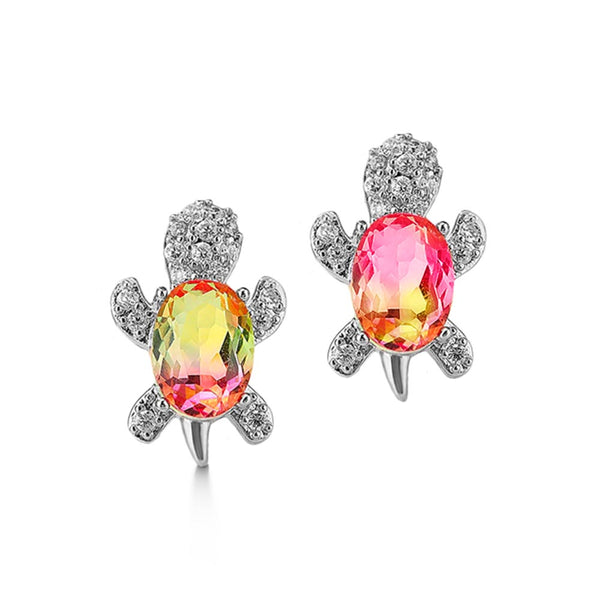 Pink & Yellow Crystal Turtle Earrings 