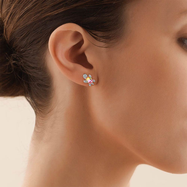 Profile of woman wearing a Pink & Yellow Crystal stud earring