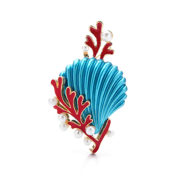Blue Shell & Red Coral Brooch