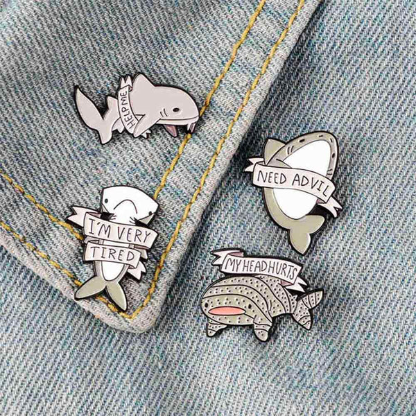 Set of Shark Pins on Denim Collar 