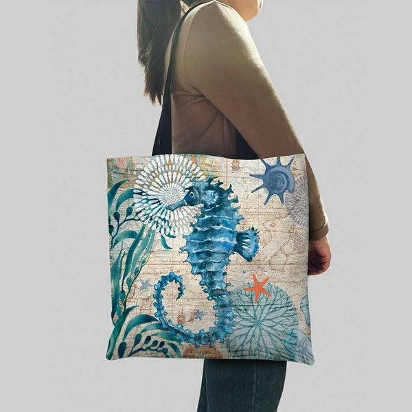 Woman with a Sea Horse Tote Bag over shoulder