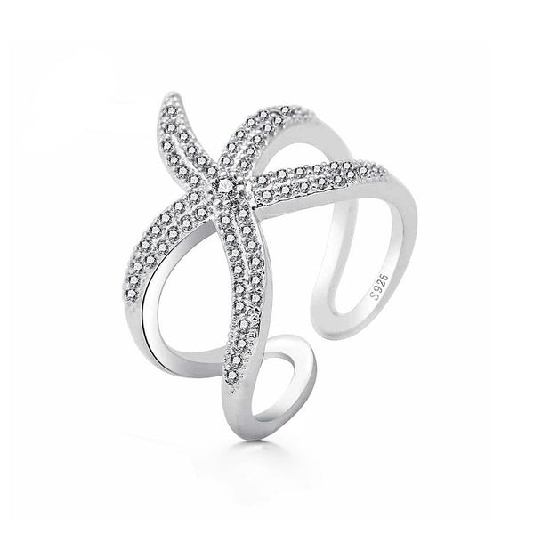 Silver Sea Star Ring with White Crystals