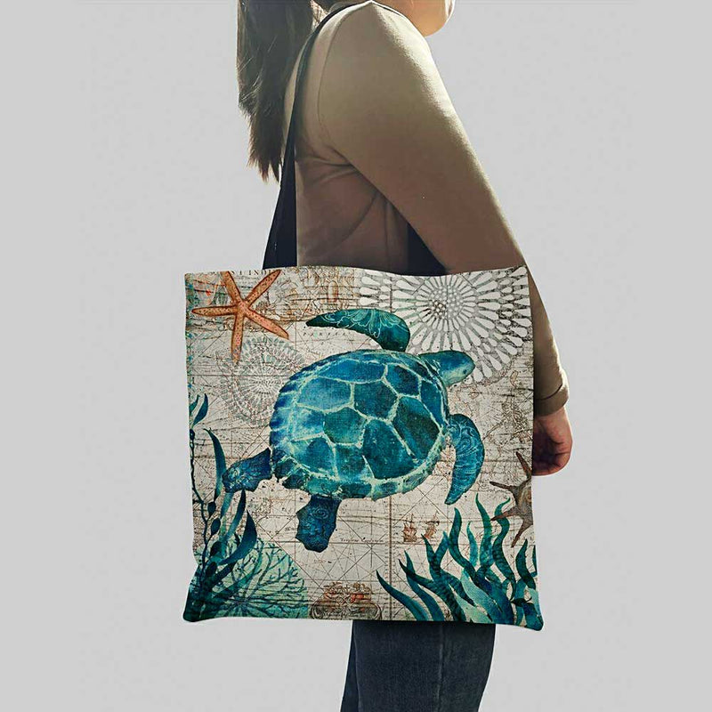 Woman with a Sea Turtle Tote Bag over shoulder