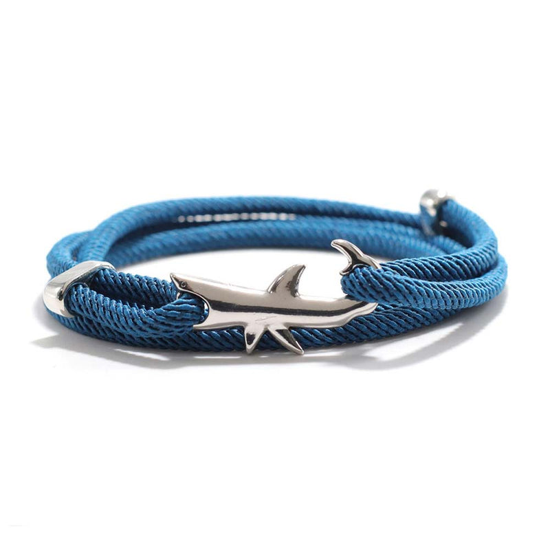Silver White Shark Bracelet with Blue Rope
