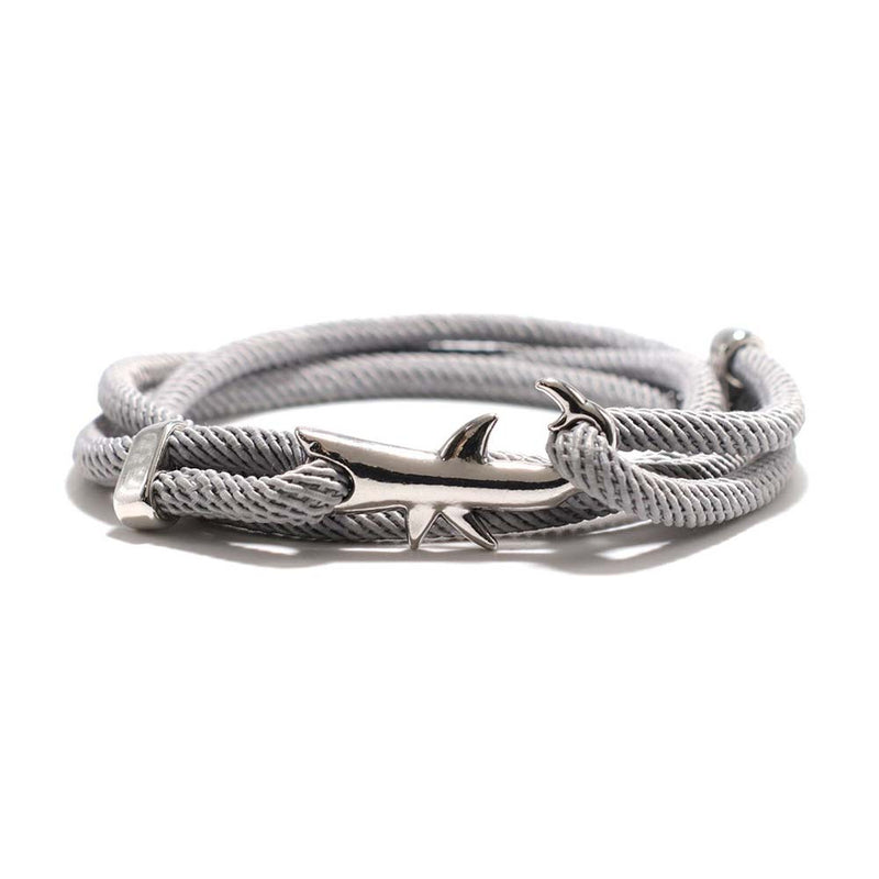 Silver White Shark Bracelet with Gray Rope