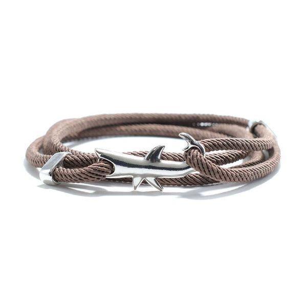 Silver White Shark Bracelet with Brown Rope