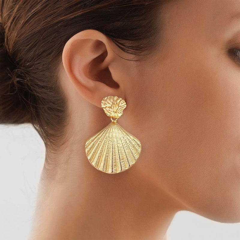 Large Gold Shell Earring on model 