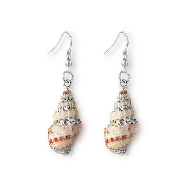 Pair of silver inlaid Conch Shell Earrings on white background