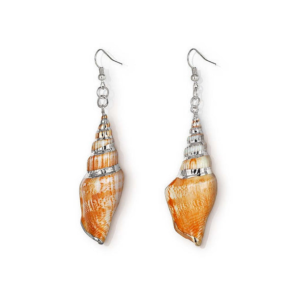 Pair of smooth silver Conch Shell Earrings on white background